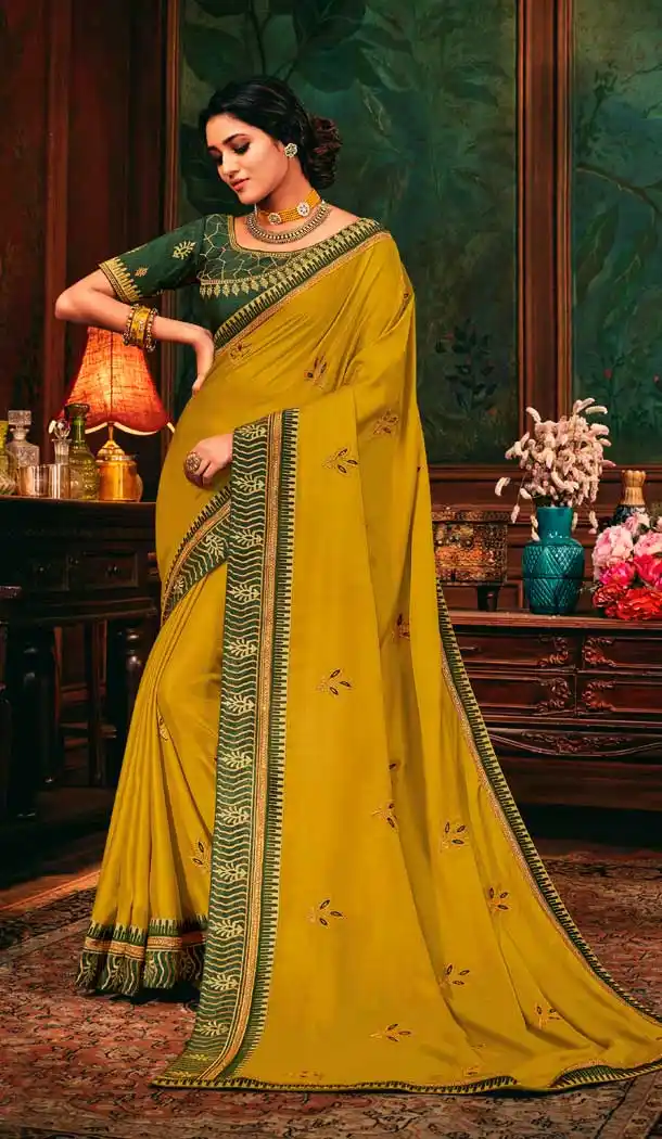 Musterd Color Silk Embroidered Traditional Party Wear Saree Blouse -9735114352