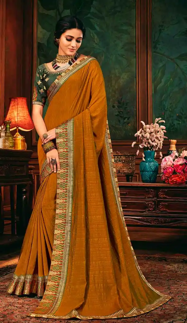 Musterd Color Silk Embroidered Traditional Party Wear Saree Blouse -9735114359