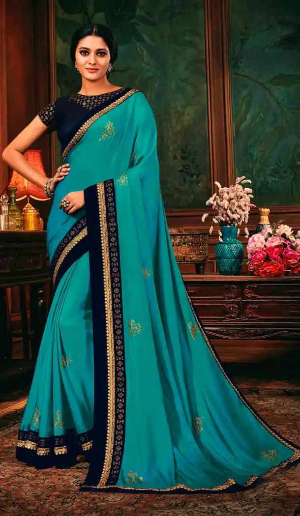 Sky Blue Color Silk Embroidered Traditional Party Wear Saree Blouse -9735114361