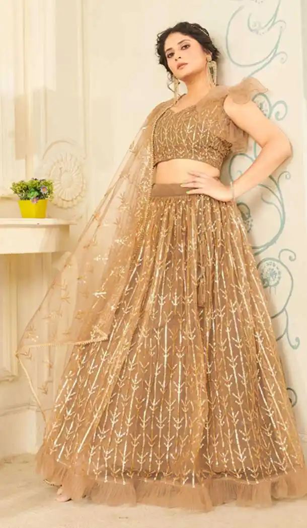 Majesty Beige Color Soft Net Designer Party Wear Fancy Lehenga Choli -9739114430