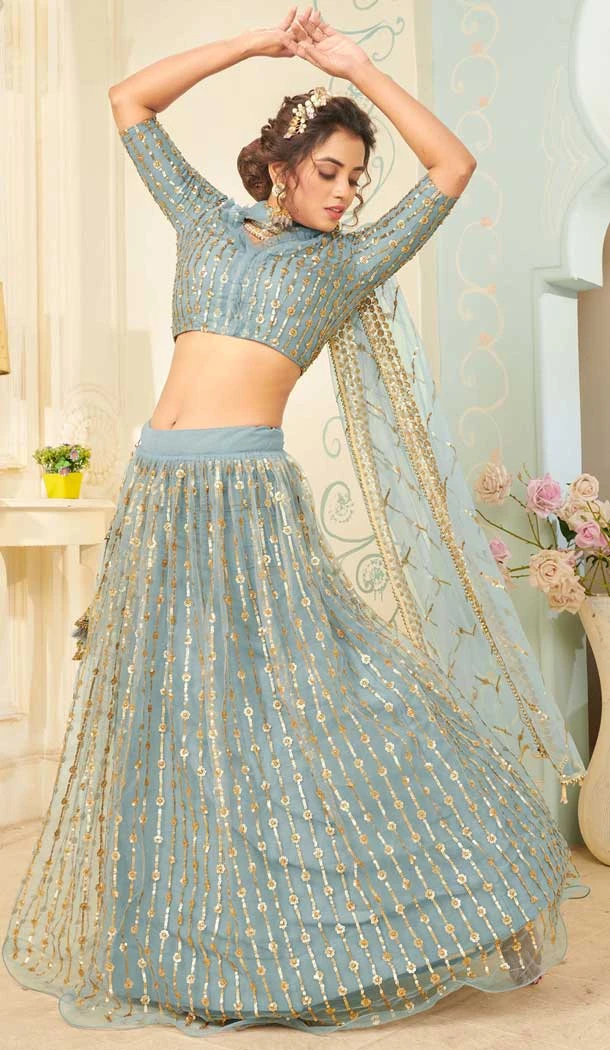 Sea Blue Color Soft Net Designer Party Wear Fancy Lehenga Choli -9739114431