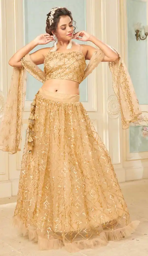Golden Color Soft Net Designer Party Wear Fancy Lehenga Choli -9739114433
