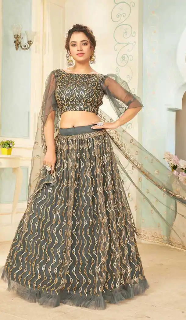 Dark Grey Color Soft Net Designer Party Wear Fancy Lehenga Choli -9739114434