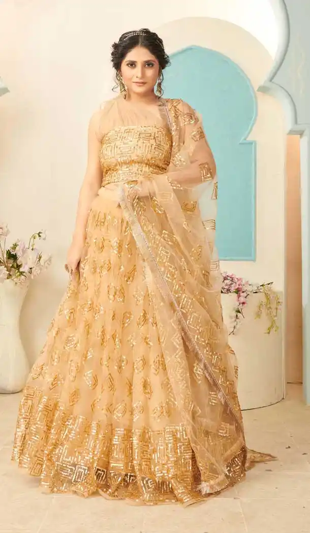 Golden Color Soft Net Designer Party Wear Fancy Lehenga Choli -9739114437