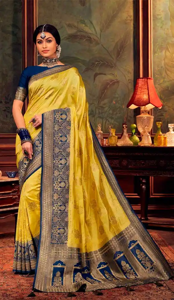 Yellow Color Dola Silk Weaving Work Traditional Party Wear Saree Blouse -9741114447