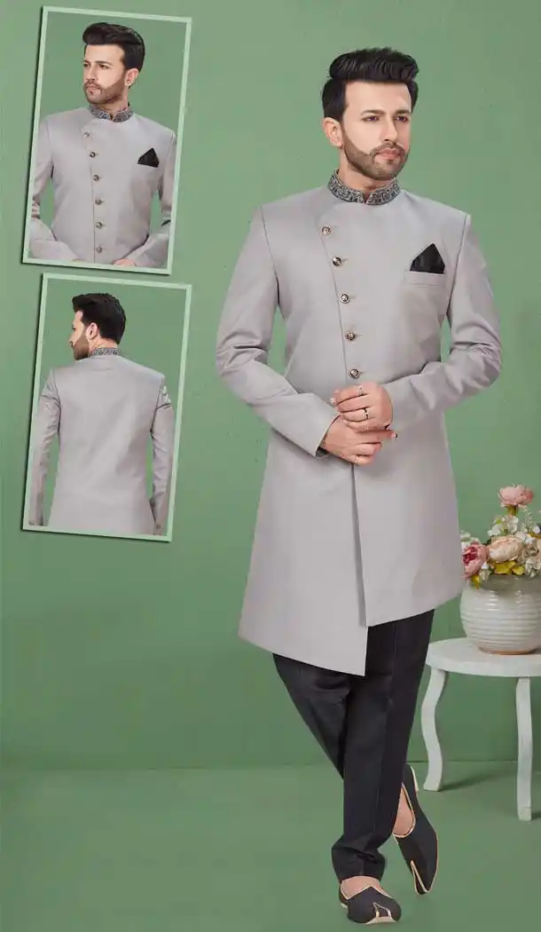 Light Grey Color Imported Readymade Mens Wedding Sherwani for Groom -9759114684
