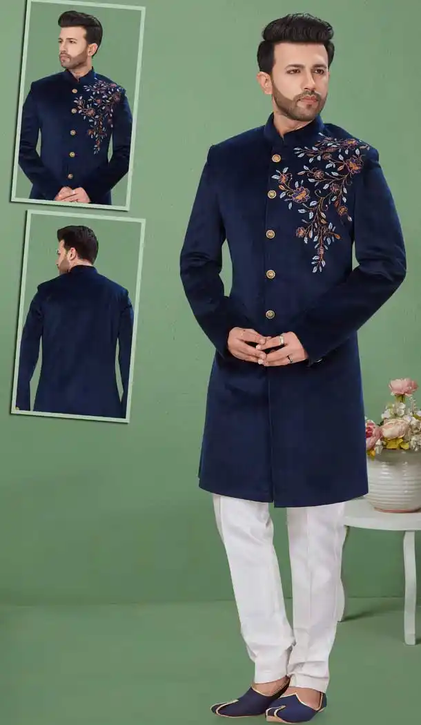Navy Blue Color Sweat Velvet Readymade Wedding Sherwani for Groom -9759114686
