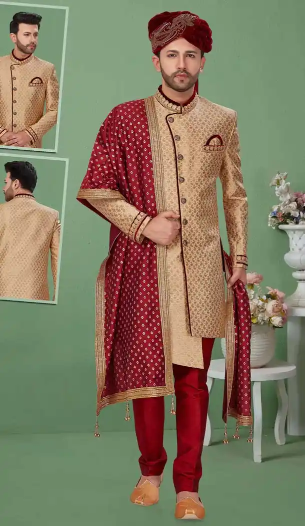 Beige Color Banarasi Jacquard Readymade Mens Wedding Sherwani for Groom -9759114696