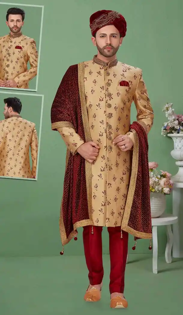 Beautiful Gold Color Banarasi Jacquard Readymade Mens Wedding Sherwani for Groom -9759114698