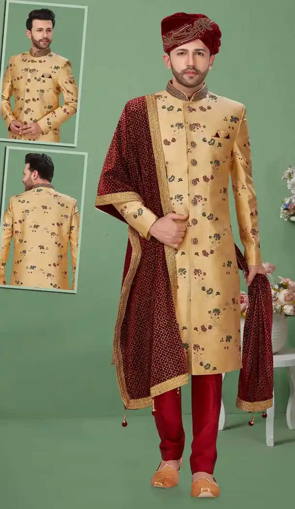 Elegant Gold Color Banarasi Jacquard Readymade Mens Wedding Sherwani for Groom -9759114699