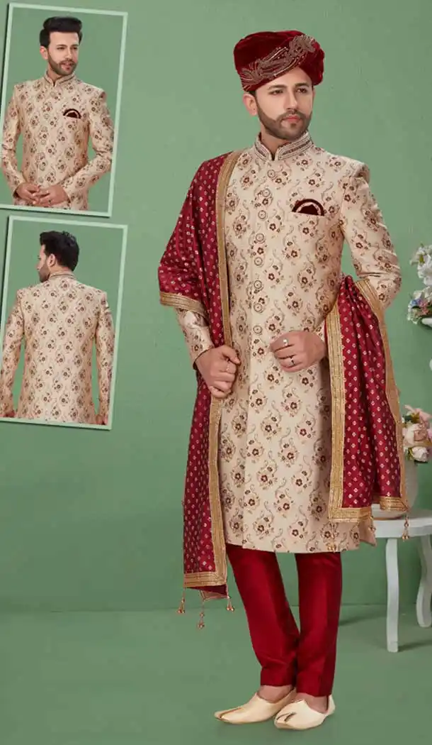 Beige Color Banarasi Jacquard Readymade Mens Wedding Sherwani for Groom -9759114700