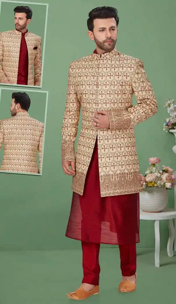 Gold Maroon Color Dupion Silk Readymade Mens Wedding Sherwani for Groom -9759114702