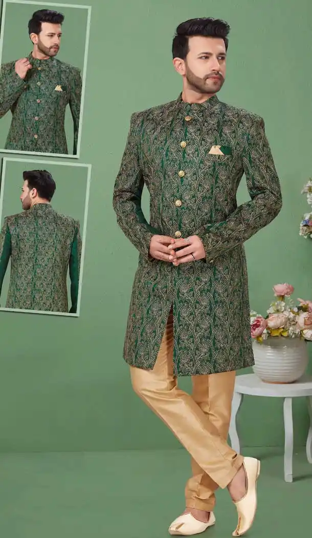 Green Color Dupion Silk Readymade Mens Wedding Sherwani for Groom -9759114704