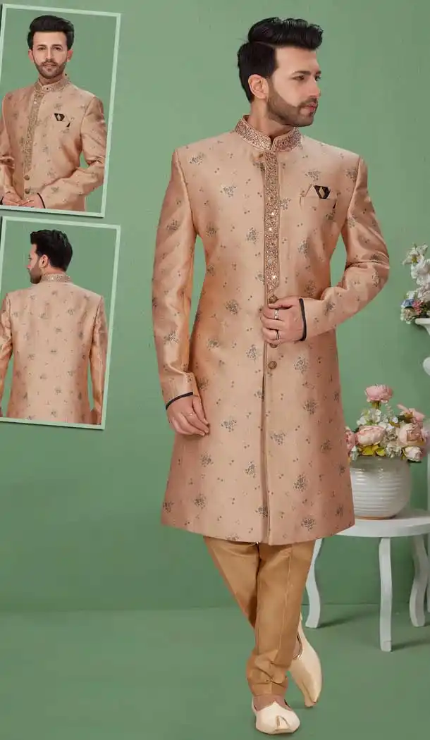 Light Copper Color Banarasi Jacquard Readymade Mens Wedding Sherwani for Groom -9759114707