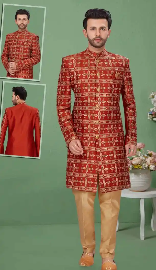 Rust Color Dupion Silk Readymade Mens Wedding Sherwani for Groom -9759114710