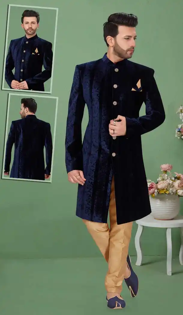 Navy Blue Color Imported Velvet Readymade Mens Wedding Sherwani for Groom -9759114713