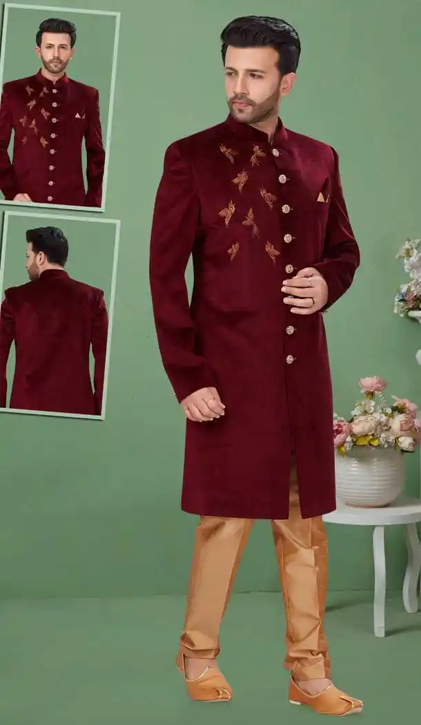 Marron Color Sweat Velvet Readymade Mens Wedding Sherwani for Groom -9759114716