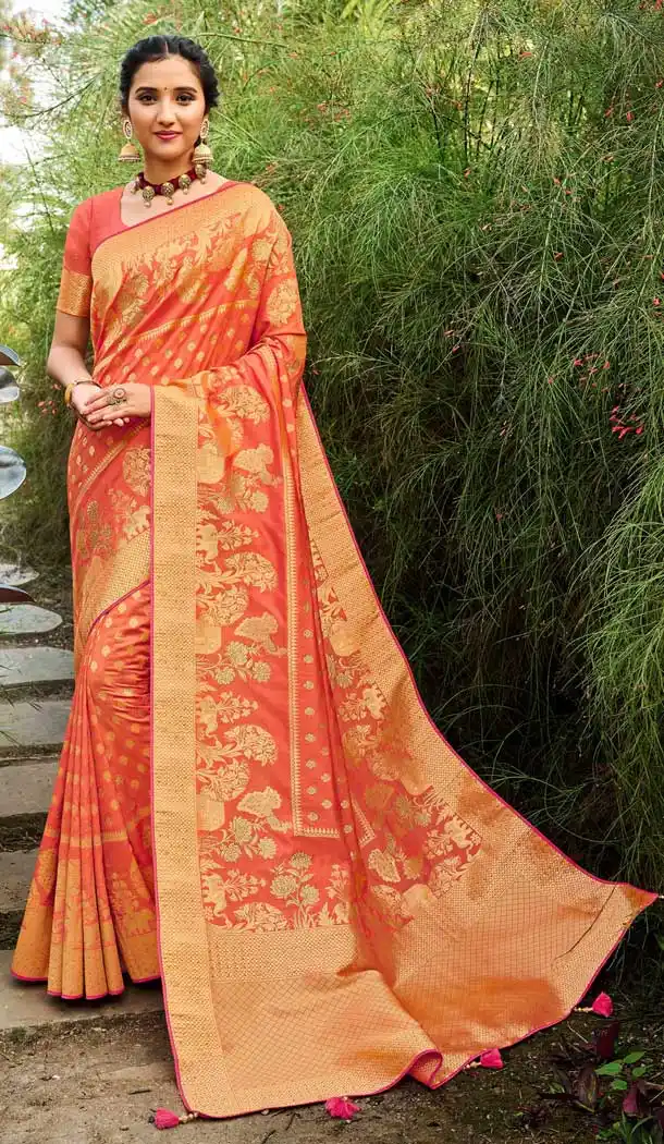 Enigmatic Orange Color Silk Classic Traditional Wear  Women Saree Blouse -9762114779
