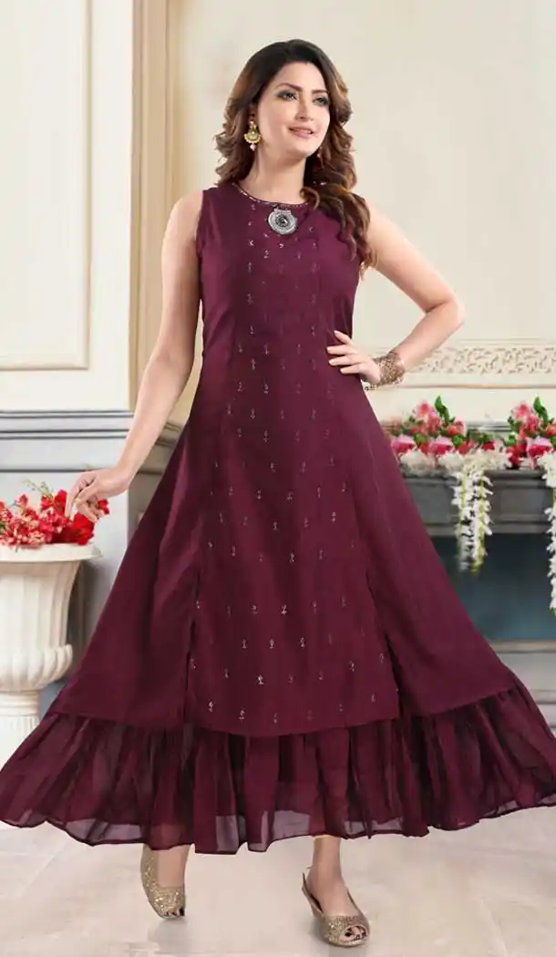 Wine Color Chinon Silk Designer Party Wear Readymade Plus Size Gown Suit -9767114853