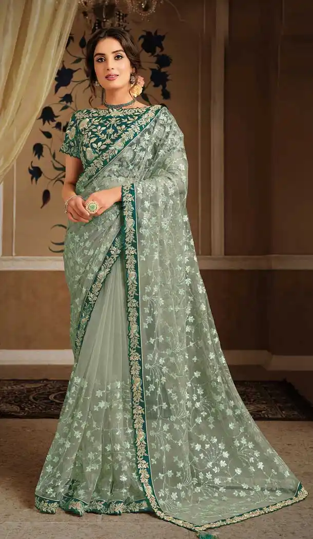 Sea Green Color Net Swarovski Hand Work Designer Party Wear Saree -9771114895