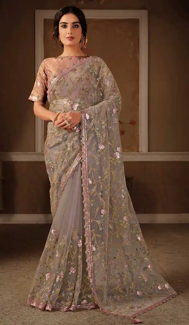 Greyish Pink Color Net Swarovski Hand Work Designer Party Wear Saree -9771114897