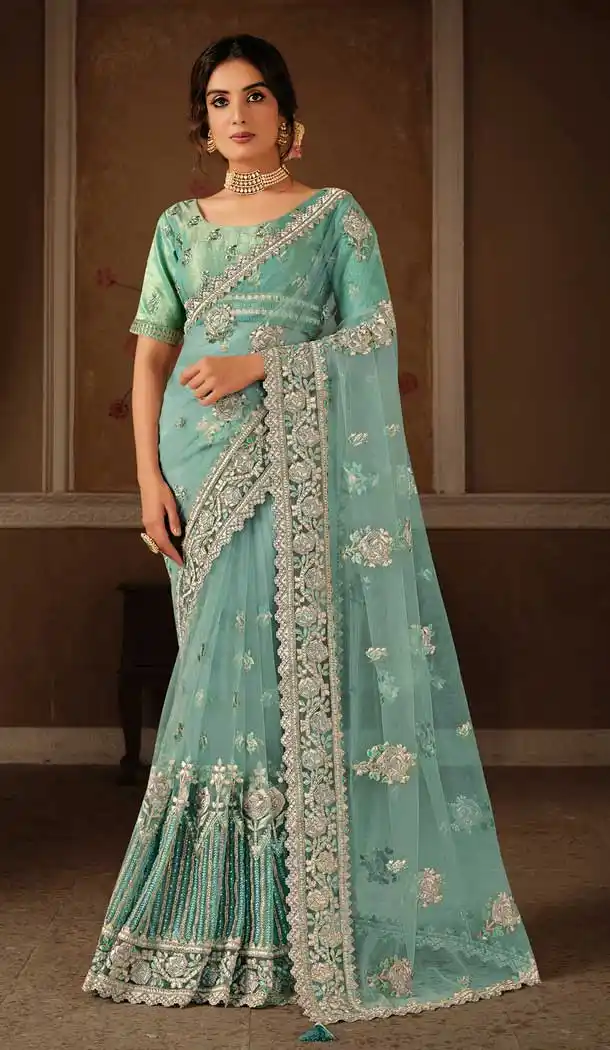 Sea Blue Color Net Swarovski Hand Work Designer Party Wear Saree -9771114898