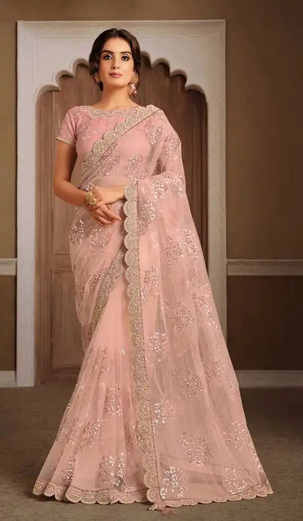 Peach Color Net Swarovski Hand Work Designer Party Wear Saree -9771114899