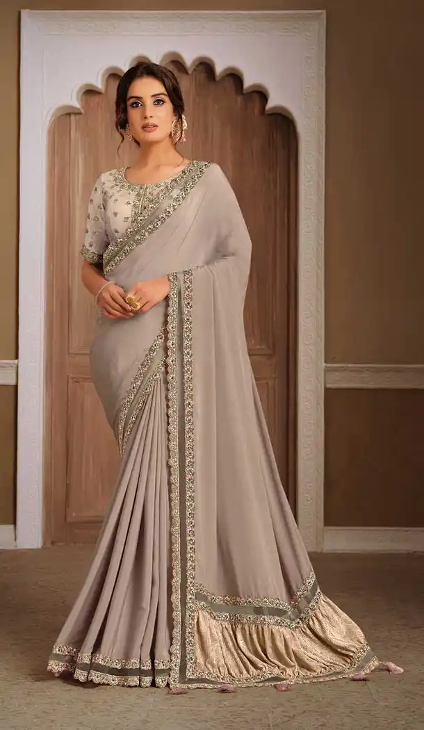 Grey Color Silk Georgette Swarovski Hand Work Designer Party Wear Saree -9771114900
