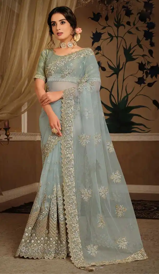 Bluish Grey Color Net Swarovski Hand Work Designer Party Wear Saree -9771114901