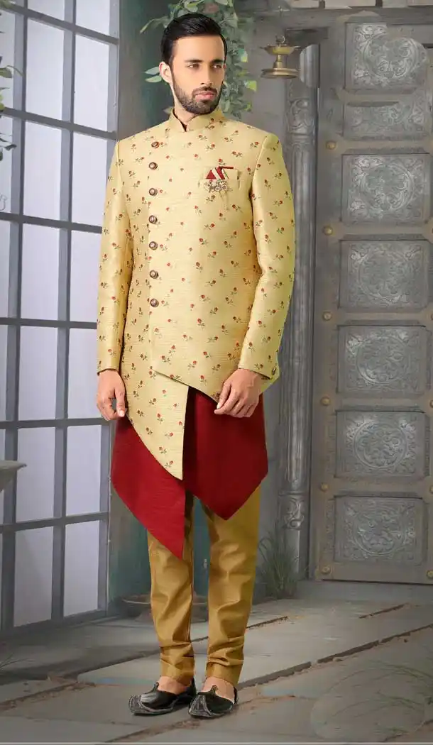 Beige Gold Color Jacquard Readymade Mens Readymade Designer Indo Western -9789115117