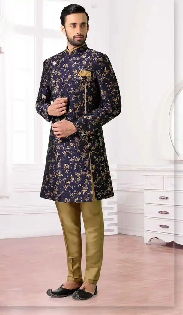 Navy Blue Color Jacquard Readymade Mens Readymade Designer Indo Western -9789115118