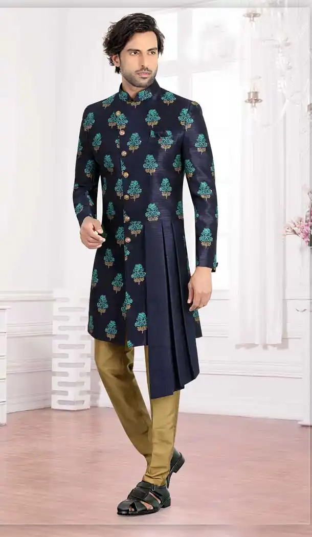 Navy Blue Color Brocade Mens Readymade Designer Indo Western -9789115119
