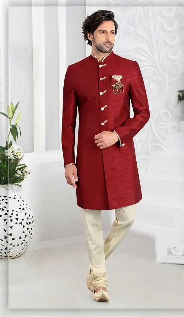 Maroon Color Silk Mens Readymade Designer Indo Western -9789115120