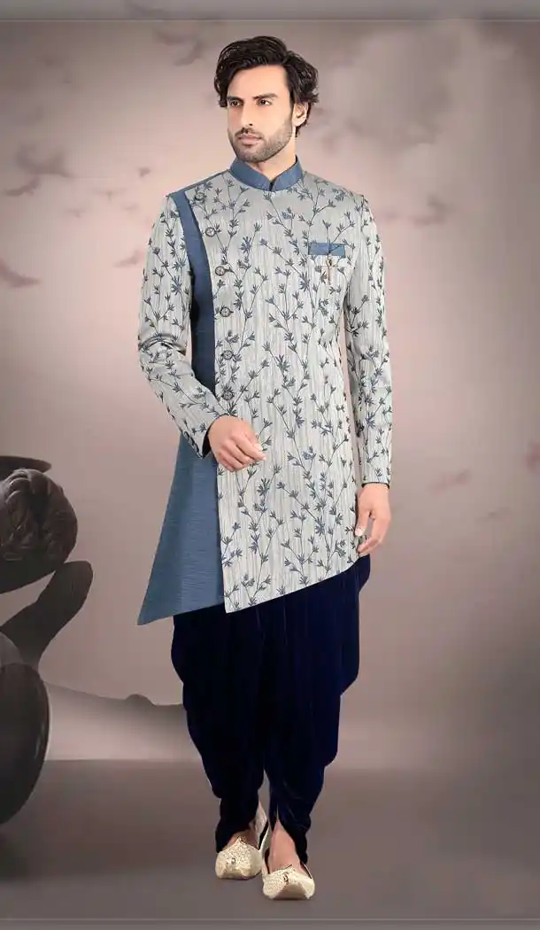 Grey Color Jacquard Mens Wear Readymade Designer Indo Western -9789115121