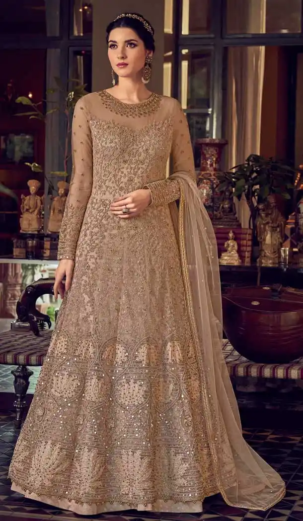 Beige Color Butterfly Net Designer Party Wear Indo Western Salwar Suit -9794115201