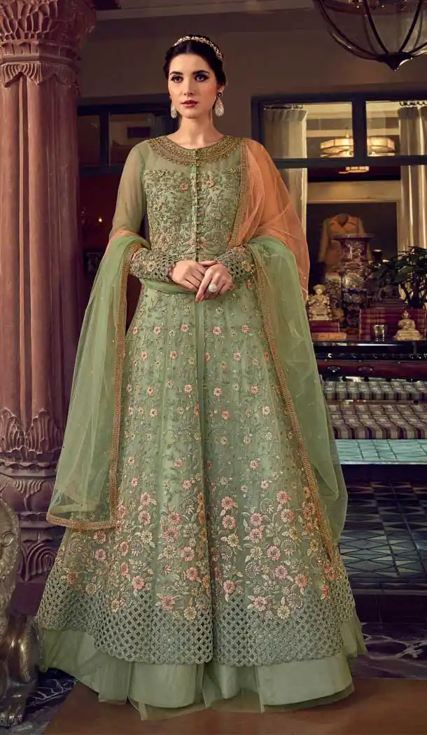 Green Color Butterfly Net Designer Party Wear Indo Western Salwar Suit -9794115202