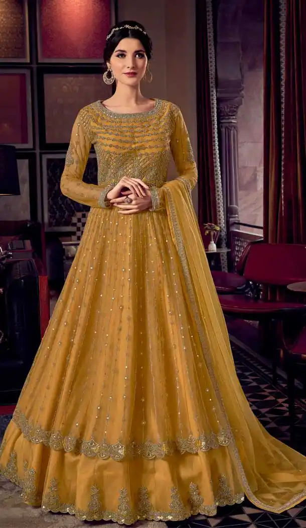 Musterd Color Butterfly Net Designer Party Wear Indo Western Salwar Suit -9794115203
