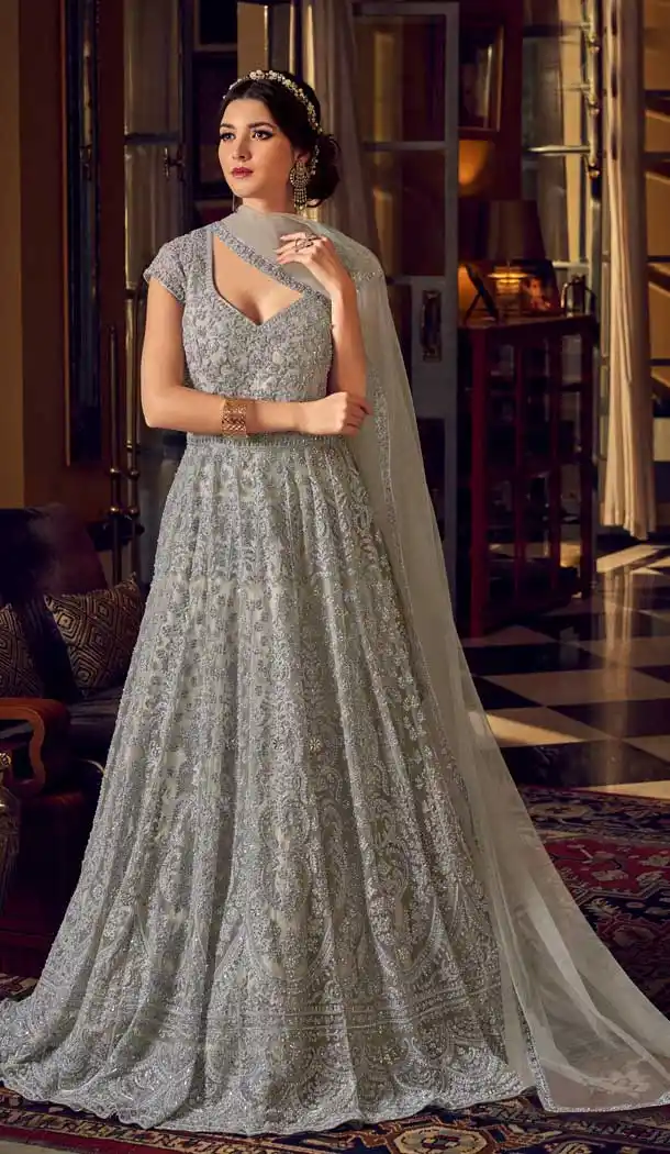 Silver Color Butterfly Net Designer Party Wear Indo Western Salwar Suit -9794115205