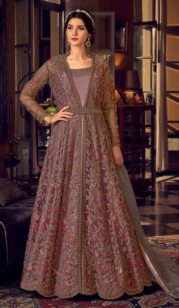 Purple Grey Color Butterfly Net Designer Party Wear Indo Western Salwar Suit -9794115206