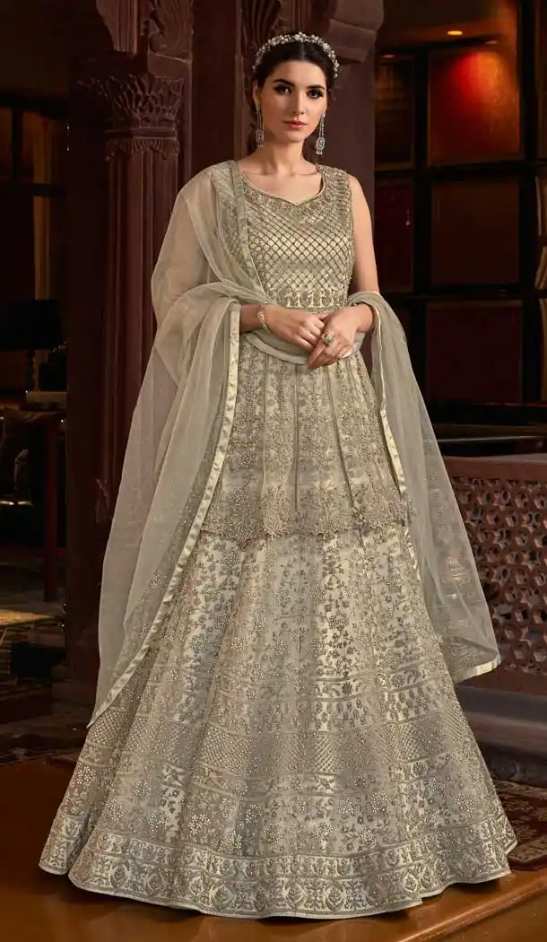 Off White Color Butterfly Net Designer Party Wear Indo Western Salwar Suit -9794115207