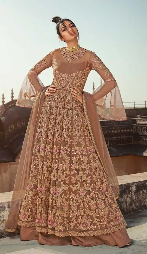 Beige Color Butterfly Net Designer Party Wear Indo Western Salwar Suit -9795115209