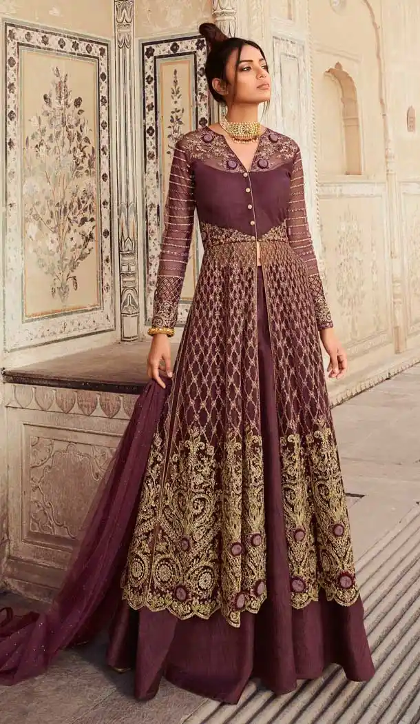 Wine Color Butterfly Net Designer Party Wear Indo Western Salwar Suit -9795115210