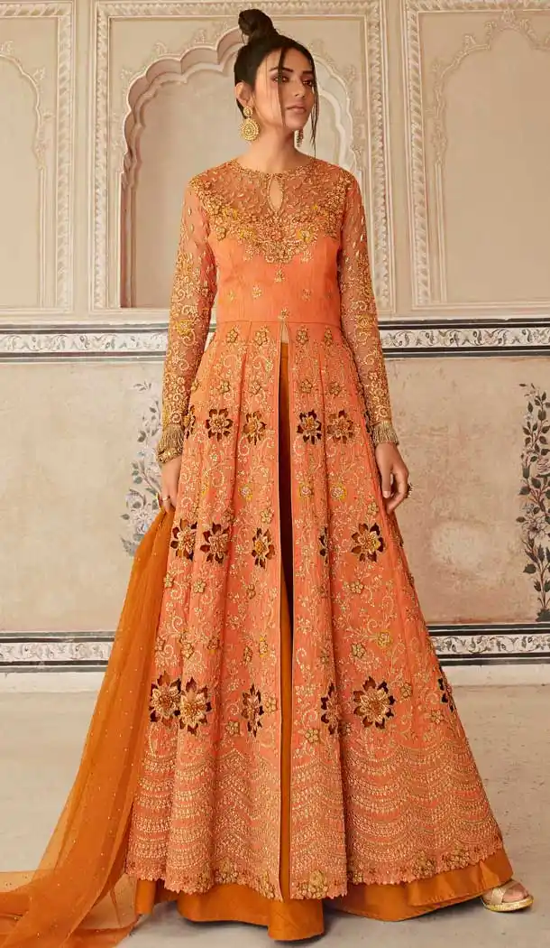 Orange Color Butterfly Net Designer Party Wear Indo Western Salwar Suit -9795115212