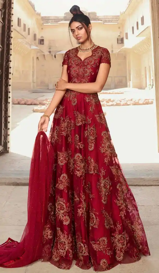 Maroon Pink Color Butterfly Net Designer Party Wear Indo Western Salwar Suit -9795115214