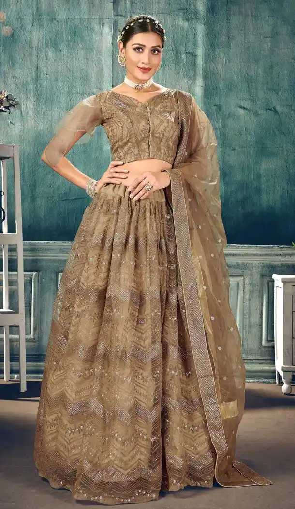 Copper Beige Color Soft Net Lucknowi Work Party Wear Lehenga Choli -9800115241
