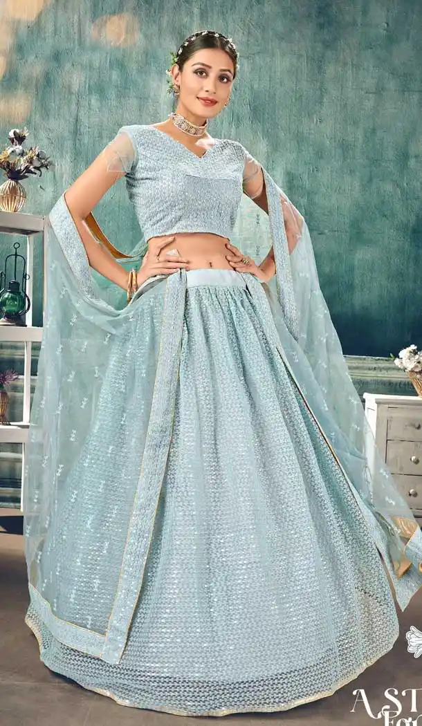 Divine Aqua Color Soft Net Lucknowi Work Party Wear Lehenga Choli -9800115243