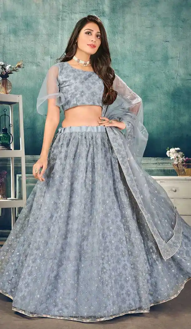 Grey Color Soft Net Lucknowi Work Party Wear Lehenga Choli -9800115246