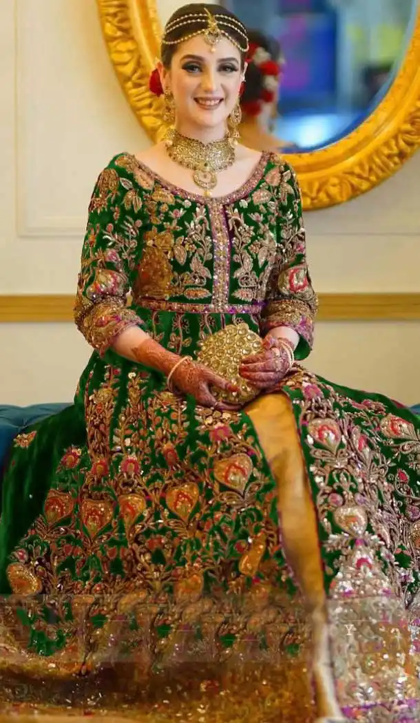 Green Color Markable Velvet Designer Party Wear Indo Western Lehenga Suit -9801115249
