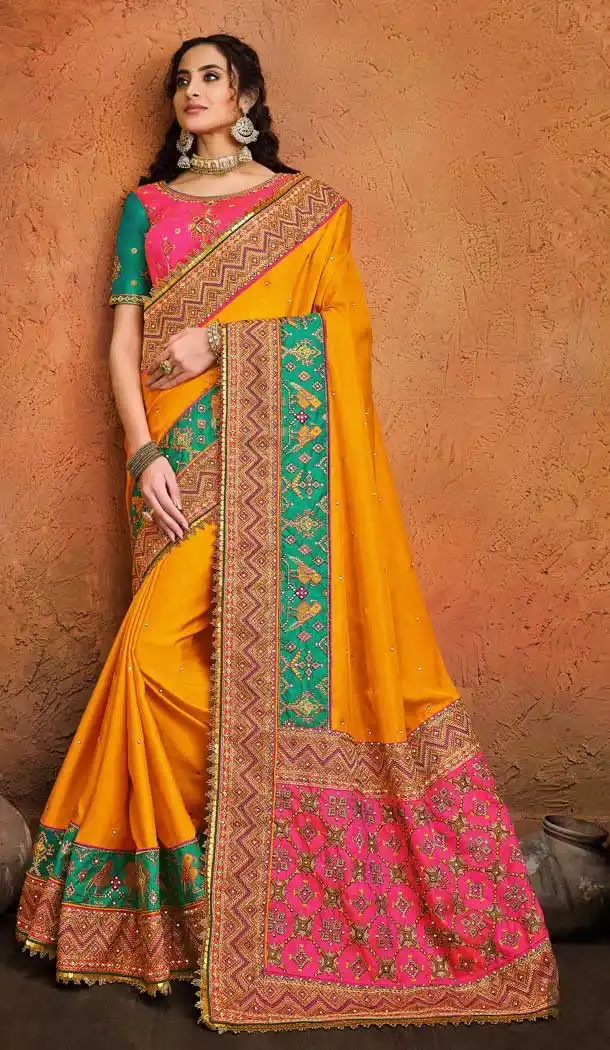 Musterd Color Pure Satin Silk Heavy Bridal Wedding Wear Saree Blouse -9807115287