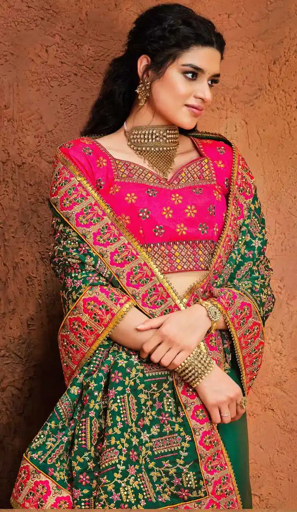 Green Color Pure Satin Silk Heavy Bridal Wedding Wear Saree Blouse -9807115289